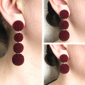 Bordeaux Bon Bon Earrings Clips/Studs, Beaded Balls Burgundy Earrings, Balls Drop Earrings, Bordeaux Round Earrings, Beaded Earrings