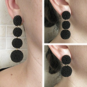 Black Bon Bon Earrings Clips, Studs, Beaded Balls Black Earrings, Seed Bead Balls Earrings, Balls Drop Earrings, Beaded Earrings image 1
