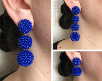 Royal Blue Bon Bon Earrings Clips/Studs, Beaded Balls Royal Blue Earrings, Royal Blue Round Earrings, Beaded Earrings