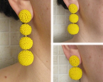 Yellow Bon Bon Earrings Clips/Studs, Beaded Balls Yellow Earrings, Yellow Balls Drop Earrings, Yellow Round Earrings, Beaded Earrings