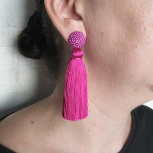Thick Silk Fuchsia Tassel Earrings On Studs, Silk Fuchsia Beaded Thick Tassel Earrings, Massive Fuchsia Silk Tassel, Fuchsia Stud Earrings