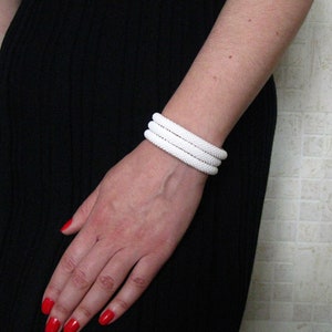 White Bracelet, Beaded Wrap Memory Wire Bracelet, White Crochet Bracelet, 3 Band Spiral Bangle, White Solid Bracelet
