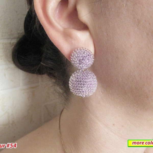 Purple Bon Bon Earrings Clips/Studs, Transparent Light Purple Beaded Balls Earrings, Lavander Round Earrings, Purple Beaded Earring