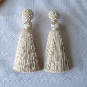 Thick Silk Ivory Tassel Earrings On Studs, Silk Ivory Beaded Thick Tassel Earrings, Massive Ivory Silk Tassels, Ivory Stud Earrings