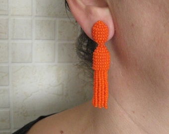 Beaded Orange Tassel Earrings On Studs/Clips, Orange Long Earrings, Orange Beaded Tassel, Tassel Orange, Orange Earrings