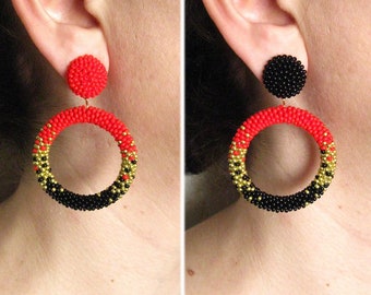 Red Black Gold Hoop Earrings Studs, Clips, Beaded Big Multicolor Ombre Hoops, Seed Bead Colorful Round Chic Earrings