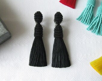 Silk Black Tassel Earrings on Clips/Studs, Black Beaded Silk Tassel, Silk Tassel Earrings Black, Black Silk Tassel, Silk Black Tassel