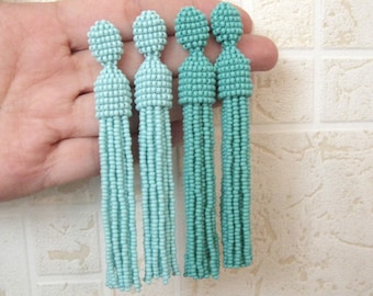 Beaded Turquoise Tassel Earrings On Studs/Clips, Two Colors Of Turquoise Earrings, Tassel Turquoise, Turquoise Earrings