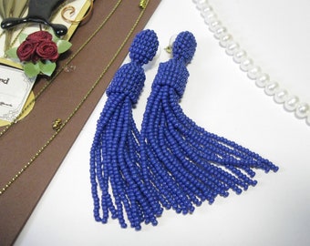 Beaded Blue Tassel Earrings on Studs/Clips, Blue Earrings, Royal Blue Tassel, Blue Beaded Tassel Earrings, Tassel Earrings Royal Blue