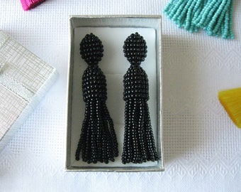 Black Tassel Earrings On Clips/Studs, Black Beaded Earrings, Long/Short Black Tassel, Tassel Black Earrings