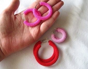 Red Hoop Earrings, Beaded Round Earrings, Red Fuchsia Pink, Red Big Hoops, Small Boho Hoop Earrings, Deep Pink Earrings, Mini Little Hoop