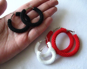 Red Hoop Earrings, Beaded Round Earrings, Red Black White, Red Big Hoops, Small Boho Hoop Earrings, Mini Little Hoop Earrings