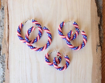 American Flag Hoop Earrings, Beaded USA 4th of July Patriotic Hoops, Colorful Red White Blue Big Small Jewelry, Independence Day Earrings