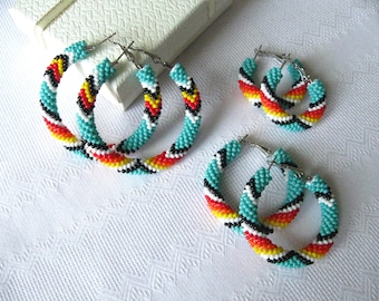 Beaded Turquoise Native American Style Hoop Earrings, Big Hoops, Peyote Hoop Earrings, Colorful Black Red White Big Ethnic Earrings