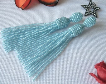 Beaded Light Blue Tassel Earrings On Studs/Clips, Arctic Tassel Earrings, Sky Blue Tassel, Transparent Blue Tassel, Tassel Blue