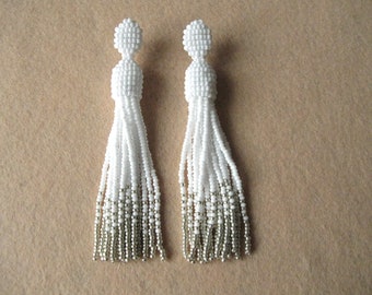 Beaded White Silver Tassel Earrings on Studs/Clips, White Silver Earrings, Silver White Tassel, White Tassel With Silver Tips