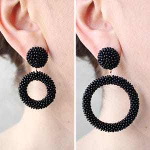 Black Big Hoop Earrings on Studs, Clips, Small Black Hoop Earrings, Beaded Mini Black Hoops, Seed Bead Hoop Black Earrings, Circle Earrings