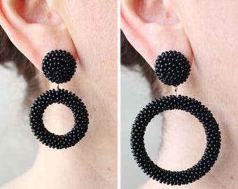 Black Big Hoop Earrings on Studs, Clips, Small Black Hoop Earrings, Beaded Mini Black Hoops, Seed Bead Hoop Black Earrings, Circle Earrings