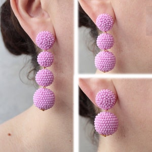 Pink Bon Bon Earrings Studs/Clips, Beaded Balls Pink Earrings, Seed Bead Pink Balls Earrings, Pink Balls Drop Earrings, Pink Beaded Earrings