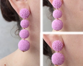 Pink Bon Bon Earrings Studs/Clips, Beaded Balls Pink Earrings, Seed Bead Pink Balls Earrings, Pink Balls Drop Earrings, Pink Beaded Earrings