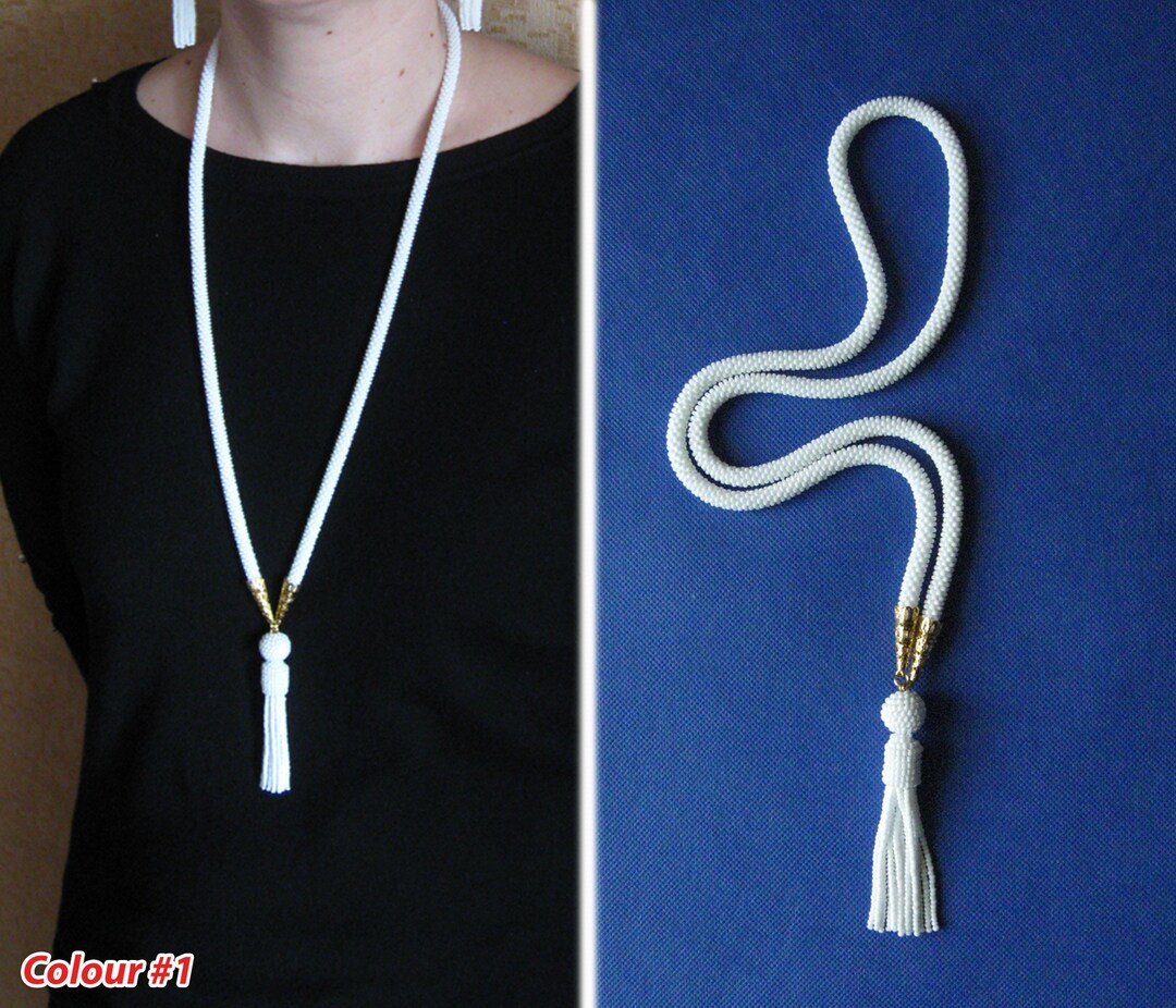 White Tassel Necklace, Boho Beaded White Necklace, White Long Necklace