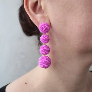 Deep Pink Bon Bon Earrings Clips/Studs, Beaded Balls Fuchsia Earrings, Hot Pink Ball Drop Earrings, Round Bauble Earrings, Beaded Earrings image 8