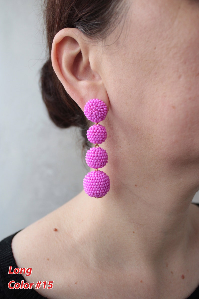 Deep Pink Bon Bon Earrings Clips/Studs, Beaded Balls Fuchsia Earrings, Hot Pink Ball Drop Earrings, Round Bauble Earrings, Beaded Earrings image 8