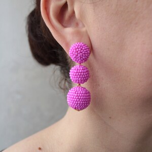 Deep Pink Bon Bon Earrings Clips/Studs, Beaded Balls Fuchsia Earrings, Hot Pink Ball Drop Earrings, Round Bauble Earrings, Beaded Earrings image 5