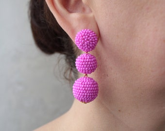 Deep Pink Bon Bon Earrings Clips/Studs, Beaded Balls Fuchsia Earrings, Hot Pink Ball Drop Earrings, Round Bauble Earrings, Beaded Earrings