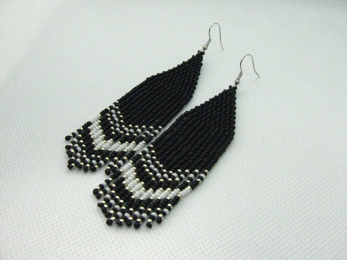 Black Long Beaded Fringe Earrings Black And White With Silver Etsy