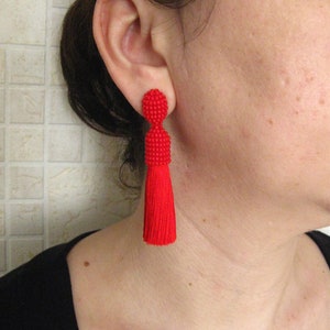 Silk Red Tassel Earrings on Studs/Clips, Silk Red Beaded Tassel Earrings, Red Silk Tassel, Red Earrings With Silk Tassel, Beaded Tassel Red