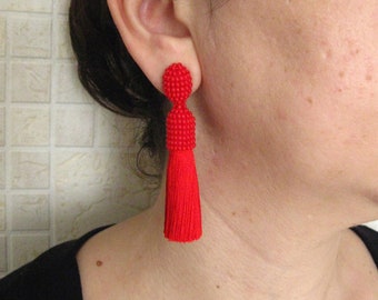 Silk Red Tassel Earrings on Studs/Clips, Silk Red Beaded Tassel Earrings, Red Silk Tassel, Red Earrings With Silk Tassel, Beaded Tassel Red