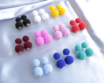 Bon Bon Earrings Studs, Clips, Drop Ball Beaded Earrings, Small Round Earrings, Black, White, Yellow, Red, Bordeaux, Pink, Blue, Turquoise