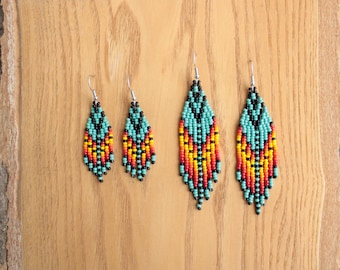 Small Turquoise Red Yellow Black Beaded Fringe Earrings, Southern Native American Style Chandelier Geometric Medium Dangle Beaded Earrings