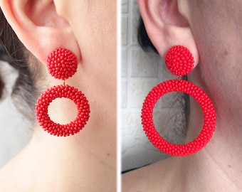 Red Big Hoop Earrings on Studs, Clips, Small Red Hoop Earrings, Beaded Mini Red Hoops, Seed Bead Hoop Red Earrings, Circle Earrings