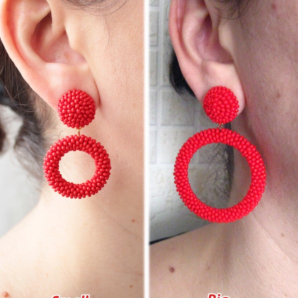 Red Big Hoop Earrings on Studs, Clips, Small Red Hoop Earrings, Beaded Mini Red Hoops, Seed Bead Hoop Red Earrings, Circle Earrings