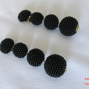 Black Bon Bon Earrings Clips, Studs, Beaded Balls Black Earrings, Seed Bead Balls Earrings, Balls Drop Earrings, Beaded Earrings image 6