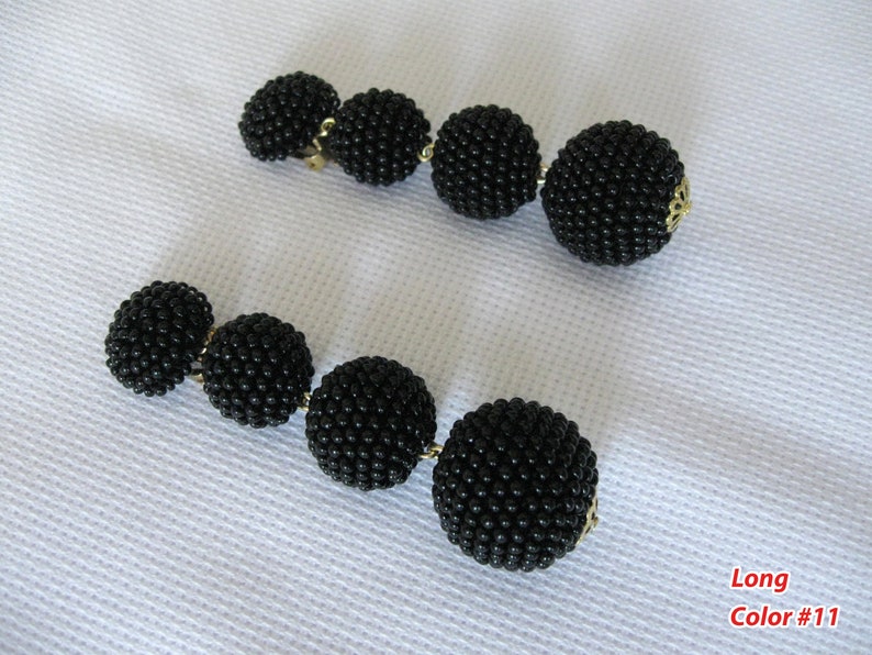 Black Bon Bon Earrings Clips, Studs, Beaded Balls Black Earrings, Seed Bead Balls Earrings, Balls Drop Earrings, Beaded Earrings image 6