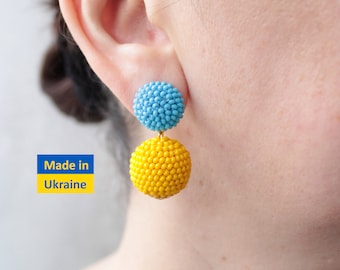 Blue Yellow Bon Bon Earrings Clips, Studs, Ukraine Flag Beaded Balls Earrings, Seed Bead Ukrainian Colors Drop Earrings, Beaded Earrings