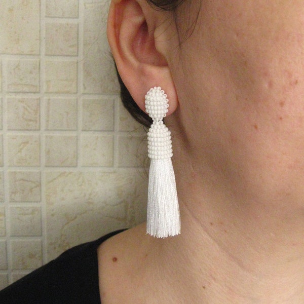 White Tassel Earrings on Clips, Studs, White Beaded Silk Tassel, Silk Tassel Earrings White, White Silk Tassel, Silk White Tassel