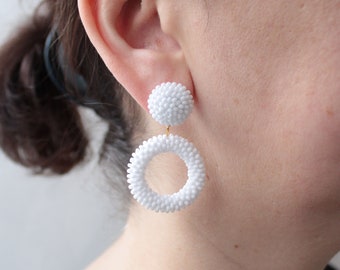 White Big Hoop Earrings on Studs, Clips, Small White Hoop Earrings, Beaded Mini White Hoops, Seed Bead Hoop White Earrings, Circle Earrings