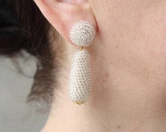 Light Cream Teardrop Earrings Clips, Studs, Clear Tear Drop Beaded Earrings, Long Seed Bead Dangly Earrings, Transparent Cream Pear Earrings