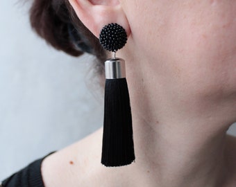 Thick Silk Black Tassel Earrings On Clips or Studs, Silk Black Beaded Thick Tassel Earrings, Massive Black Silk Tassel, Long Black Earrings