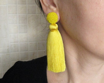 Thick Silk Yellow Tassel Earrings On Studs, Silk Yellow Beaded Thick Tassel Earrings, Massive Yellow Silk Tassel, Yellow Stud Earrings