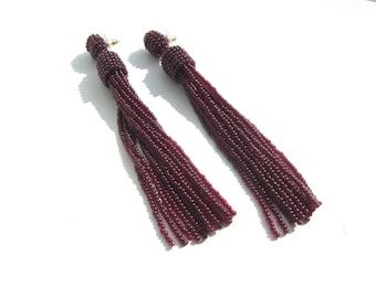 Beaded Dark Red Tassel Earrings Stud/Clip, Dark Red Long Earrings, Wine Tassel Earrings, Ruby Tassel, Burgundy Tassel, Tassel Dark Red