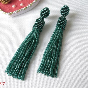 Beaded Emerald Tassel Earrings Studs/Clip, Emerald Earrings, Shiny Green Crystal Tassel Earrings, Green Tassel, Tassel Emerald