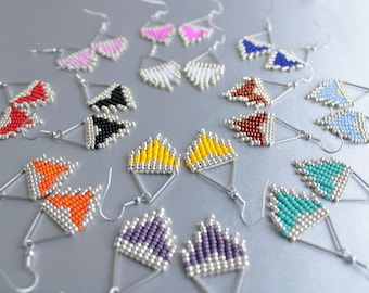 Mini Fringe Triangle Earrings, Fuchsia Small Geometric Beaded Earrings, Tiny Seed Bead Heart Handwoven Dangle Earrings, Silver Pink Earrings
