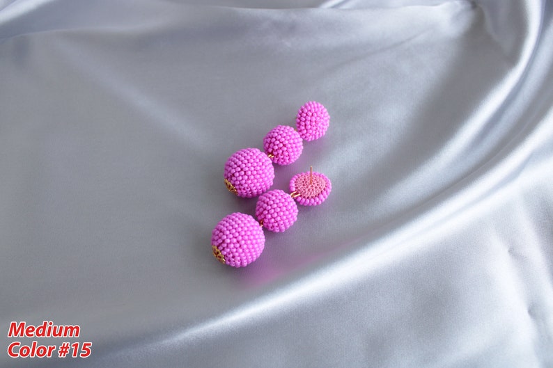 Deep Pink Bon Bon Earrings Clips/Studs, Beaded Balls Fuchsia Earrings, Hot Pink Ball Drop Earrings, Round Bauble Earrings, Beaded Earrings image 7