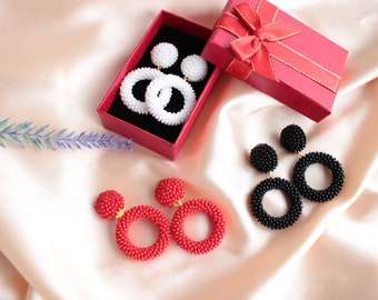 Mini Hoop Earrings, Beaded Small Hoops, Minimalist Studs Clip-on Earrings, Black White Red Circle Earrings, Seed Bead Tiny Earrings