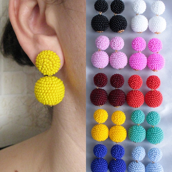 Bon Bon Earrings on Studs, Drop Ball Beaded Earrings, Small Round Earrings, Black, White, Yellow, Red, Bordeaux, Pink, Blue, Turquoise